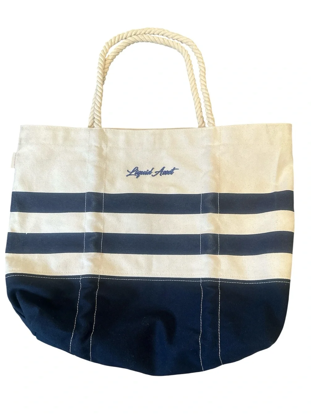 Liquid Asset Boat Tote White Navy Blue Stripe Thick Canvas Rope Handles Nautical